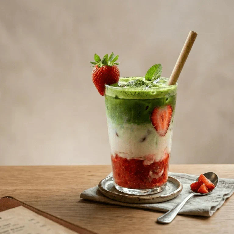 Latte cu matcha și căpșuni