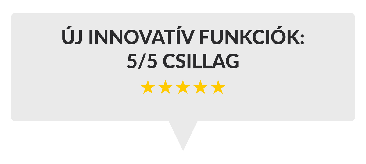 Světle šedá grafika ve stylu bubliny s maďarským textem 'NOVÉ INOVATIVNÍ FUNKCE: 5/5 HVĚZD' a pěti žlutými hvězdami pod ní.