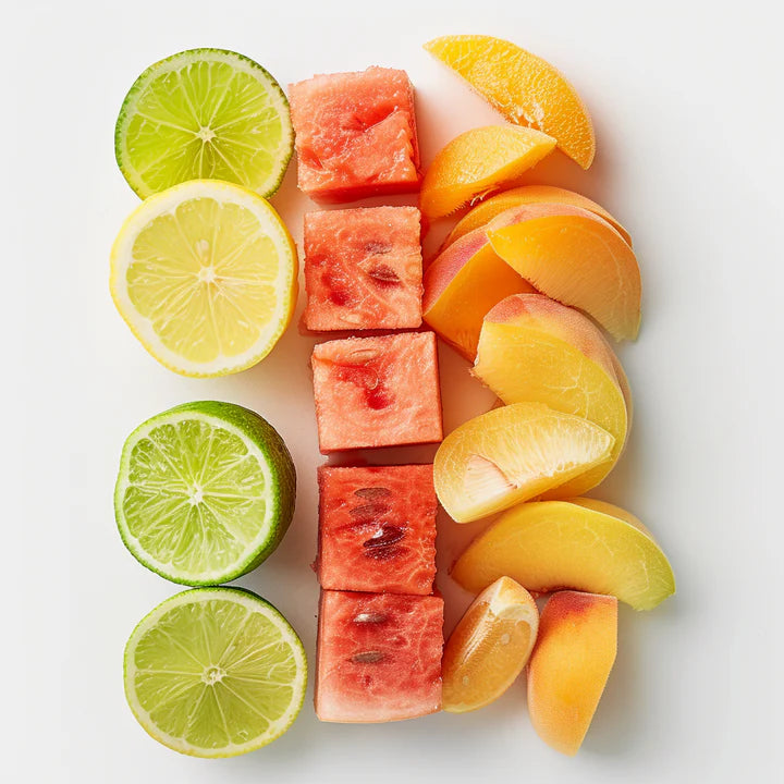 Kuvings fresh juice ingredients with oranges, apples, pears and berries on a white background for homemade juice recipes.
