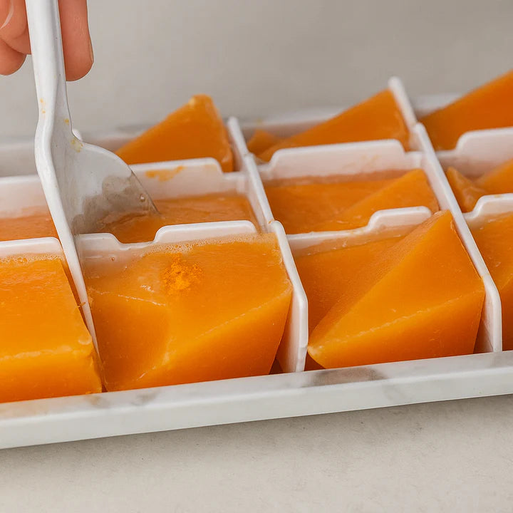Kuvings frozen fruit cubes made from orange juice, shown in a tray with a spoon for healthy homemade smoothies and juice recipes.