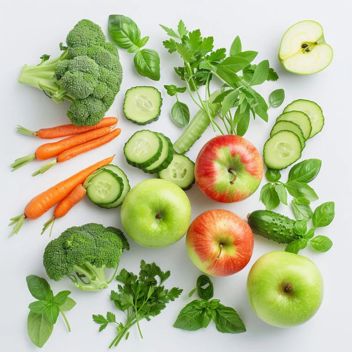 Kuvings fresh juice ingredients with assorted vegetables and fruits on a white background for healthy homemade juice recipes.
