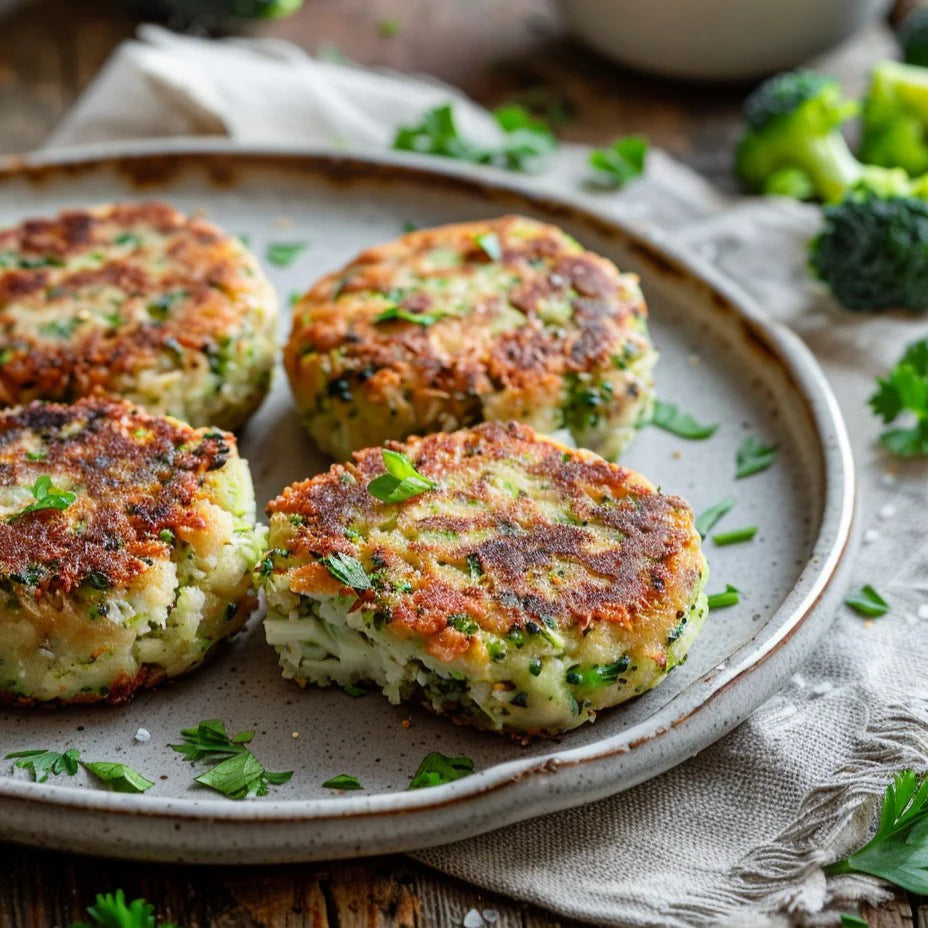 Golden vegetable patties prepared from leftover Kuvings juicer pulp, showing a creative zero waste recipe idea.