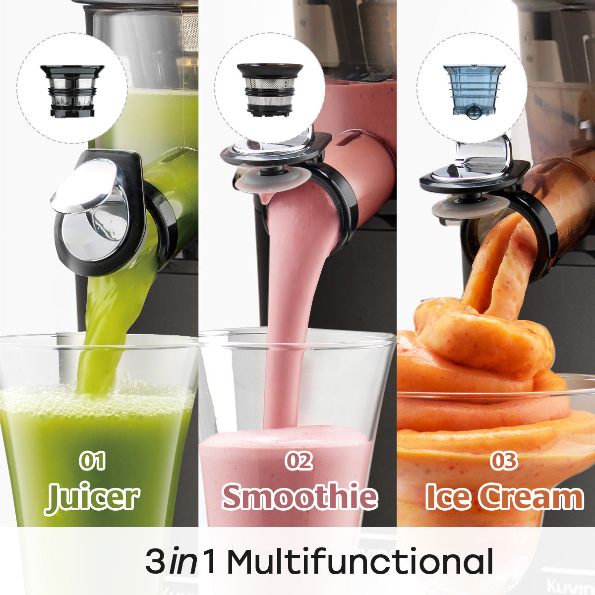 Multifunkční kuchyňský přístroj se sklípkem na džus, smoothie a zmrzlinou.
