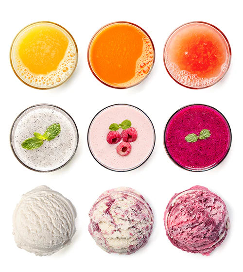 High-angle, overhead flat lay view of a three-by-three grid illustrating 3-in-1 blender and juicer capabilities on a white background, featuring a top row of vibrant citrus juices, a middle row of creamy fruit smoothies garnished with mint and raspberries, and a bottom row of various flavored sorbet scoops.
