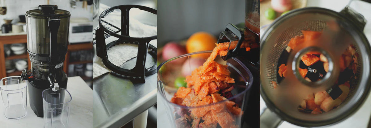 Kuvings AUTO10 slow juicer with carrot pulp, juicing chamber and accessories for fresh juice preparation.
