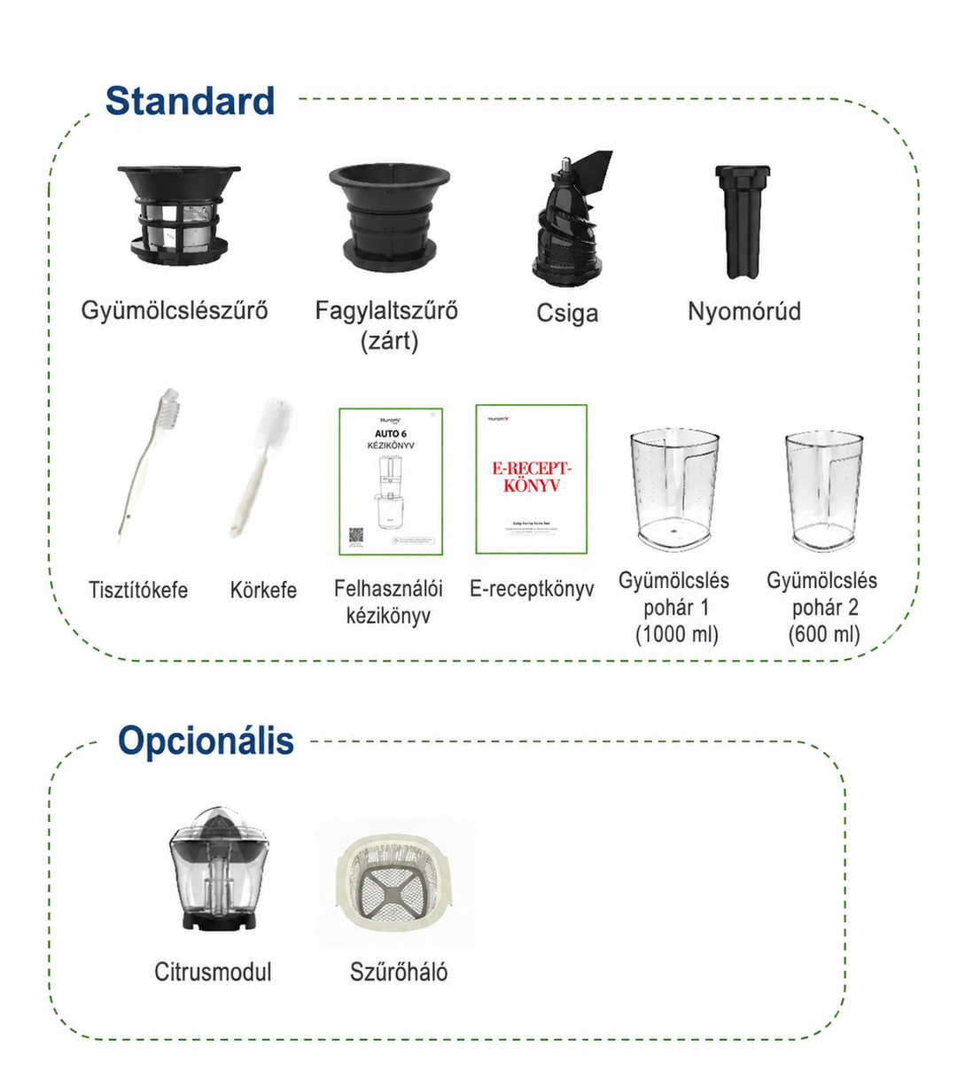 Maďarská produktová infografika zobrazující standardní a volitelné příslušenství pro odšťavňovač Kuvings AUTO6. Standardní část zobrazuje sítko na šťávu, sítko na zmrzlinu, šnek, pěchovadlo, čisticí kartáče, uživatelskou příručku, e-kuchařku a sběrné nádoby. Volitelná část obsahuje citrusový modul a extra sítko na bílém pozadí.