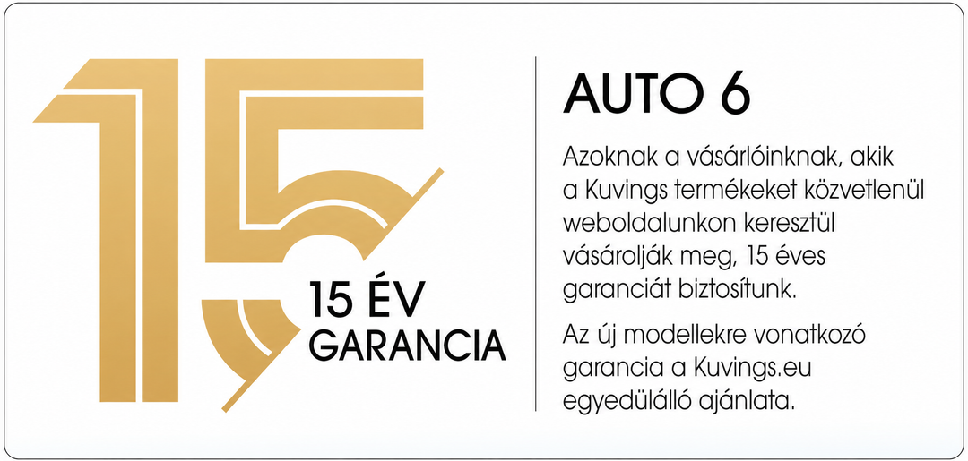 Mađarska infografika jamstva za Kuvings AUTO6 sokovnik s velikim zlatnim "15" grafičkim prikazom uz tekst koji objašnjava ekskluzivnu ponudu 15-godišnjeg jamstva za kupnje izravno s web stranice na bijeloj pozadini.