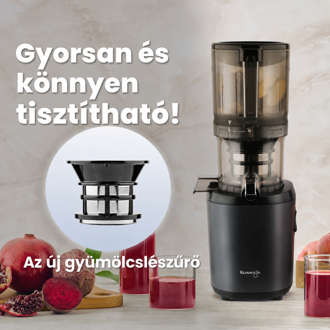 Mađarska infografika proizvoda za Kuvings AUTO6 sokovnik s velikim tekstom o jednostavnom čišćenju, prikazuje kružni umetak novog sita za sokovnik pored grafitno sivog uređaja i čaša crvenog soka od cikle.
