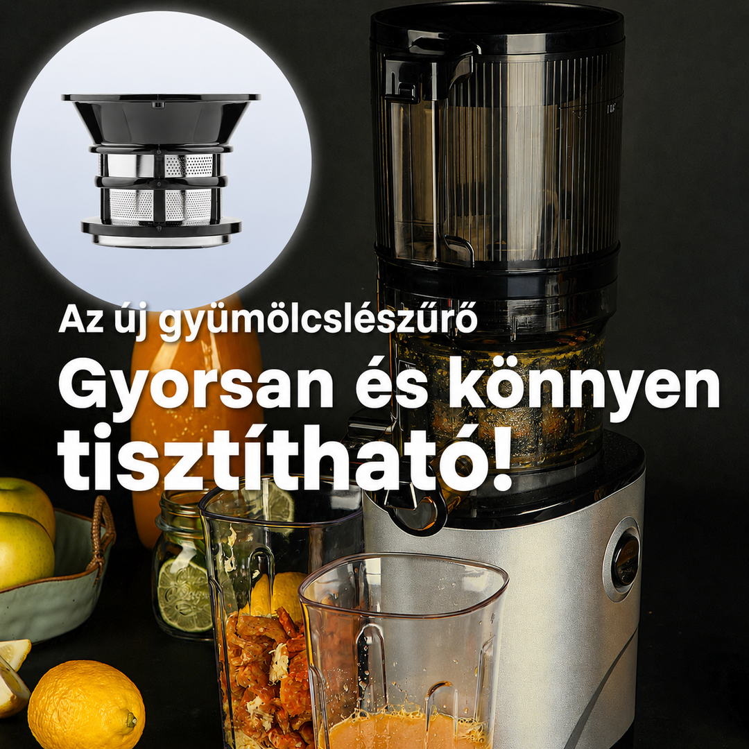 Maďarská produktová infografika pro odšťavňovač Kuvings AUTO8 s velkým bílým textem zdůrazňujícím rychlé a snadné čištění, s kruhovým vložkou nového sítka na šťávu vedle stříbrného přístroje s čerstvými citrony, žlutými jablky a džbánem pomerančové šťávy na černém pozadí.