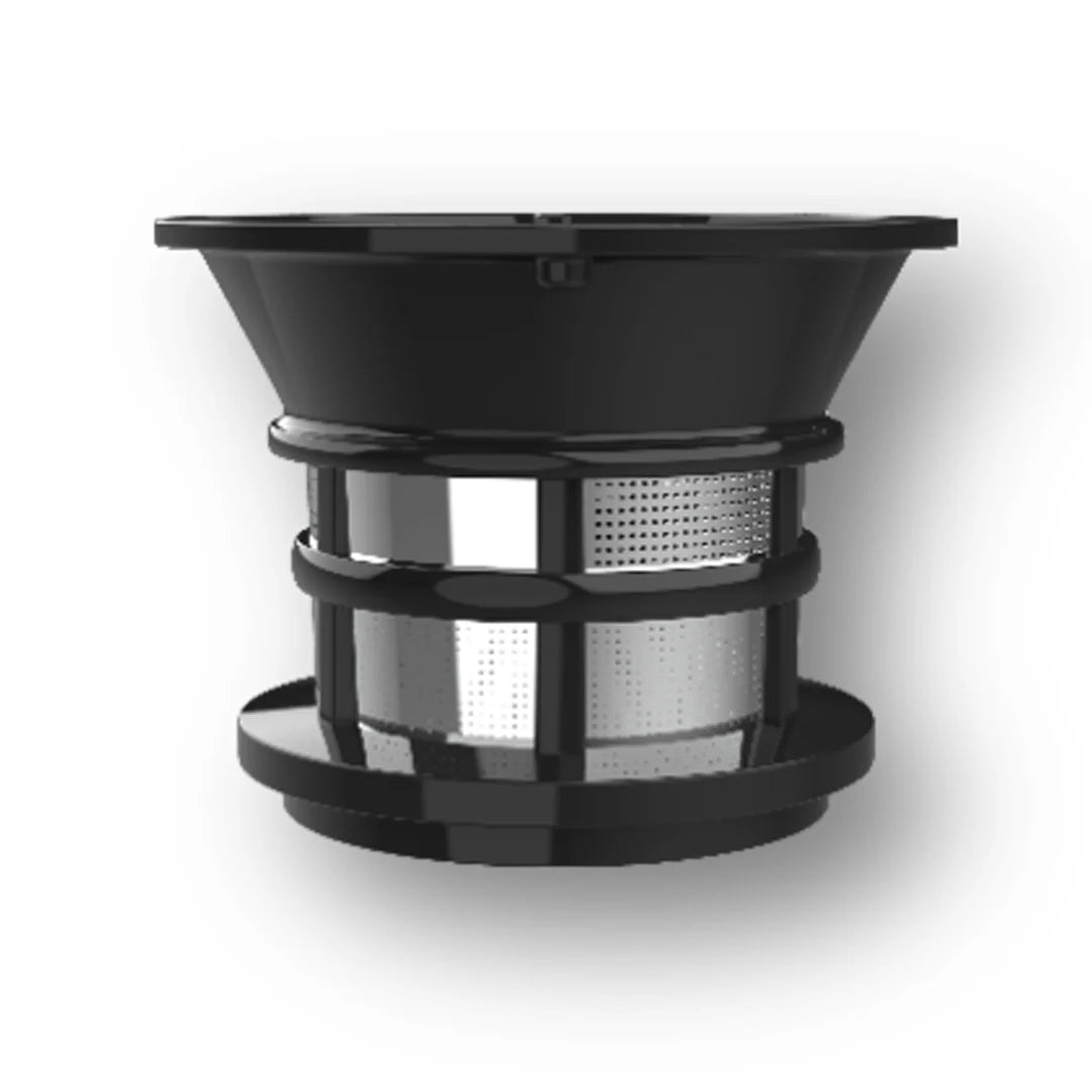 Studio product shot of the black fine mesh juicing strainer for the Kuvings AUTO8 slow juicer, showing the stainless steel filtration screen bands on a white background.