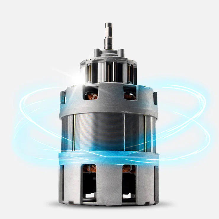 Straight-on studio shot of the heavy-duty commercial induction motor core for the Kuvings CS600 Chef slow juicer, showcasing its metal housing and copper windings surrounded by a glowing blue light ring graphic representing rotation and power.