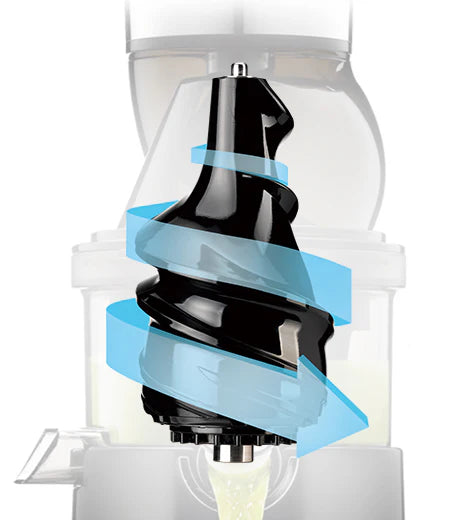 Straight-on close-up graphic view of the black juicing screw auger inside a Kuvings CS600 Chef slow juicer, highlighted by a spiraling blue arrow graphic that wraps around it to illustrate its low-speed crushing rotation against a white background.