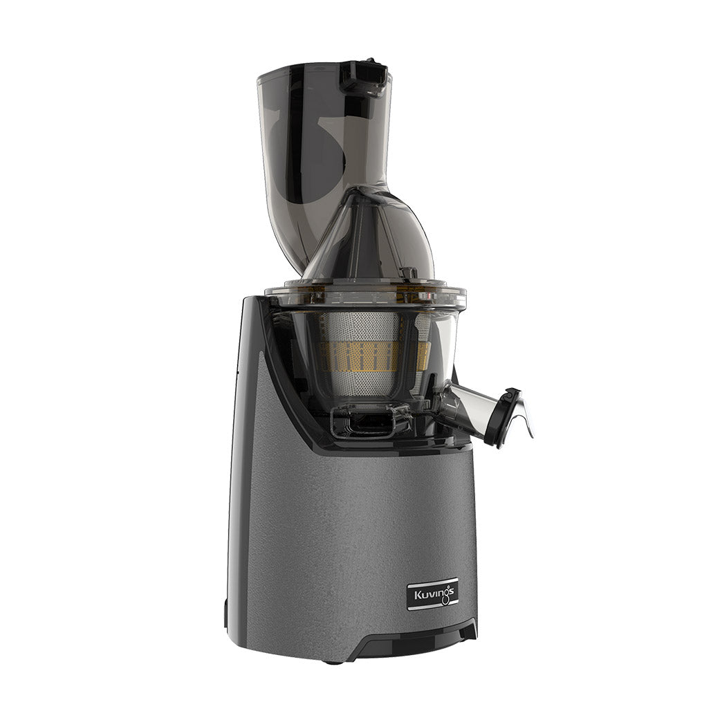 Kuvings EVO820 gunmetal grey slow juicer left side view with wide feeding chute and vertical cold press design.