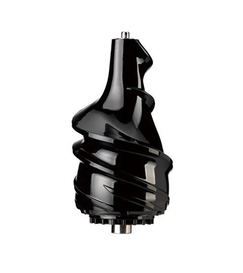 Straight-on studio product shot of the standalone glossy black Ultem auger juicing screw component for a Kuvings EVO820 whole slow juicer, showing its heavy-duty single-vane spiral design and metal connection pins at the top and bottom against a crisp white background.
