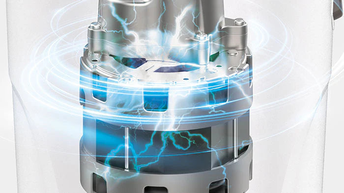 Close-up conceptual studio shot of the Kuvings REVO830 inner metal motor assembly, enhanced with glowing blue electric lightning and circular energy wave graphics to illustrate high power against a light background.