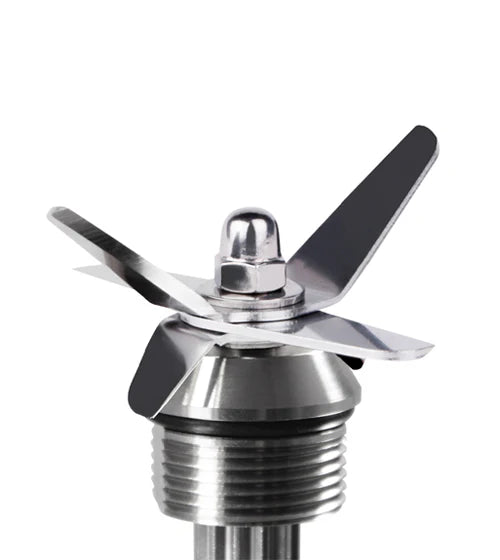 Eye-level close-up studio shot of the multi-tiered stainless steel blade assembly for the Kuvings SV-500 vacuum blender, showcasing its sharp, multi-directional blades and threaded base against a white background.