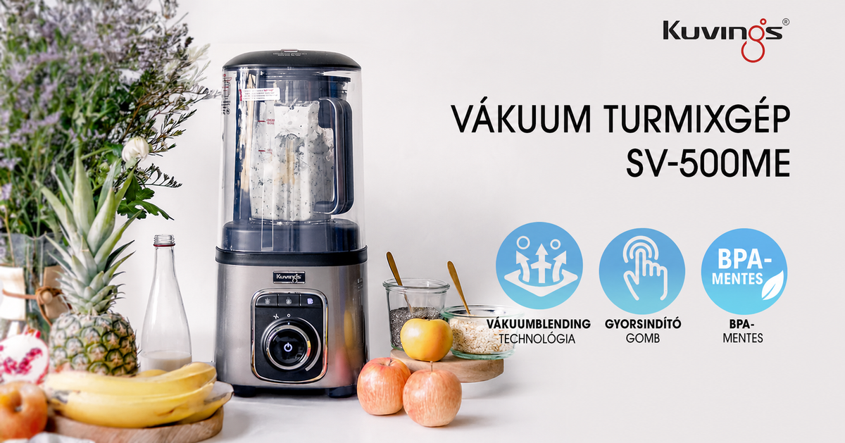 Straight-on view of a marketing banner for the Kuvings SV-500ME vacuum blender, showcasing the appliance on a white surface surrounded by fresh fruits, a bottle, and jars of seeds, alongside Hungarian text and three blue icons highlighting its key features.