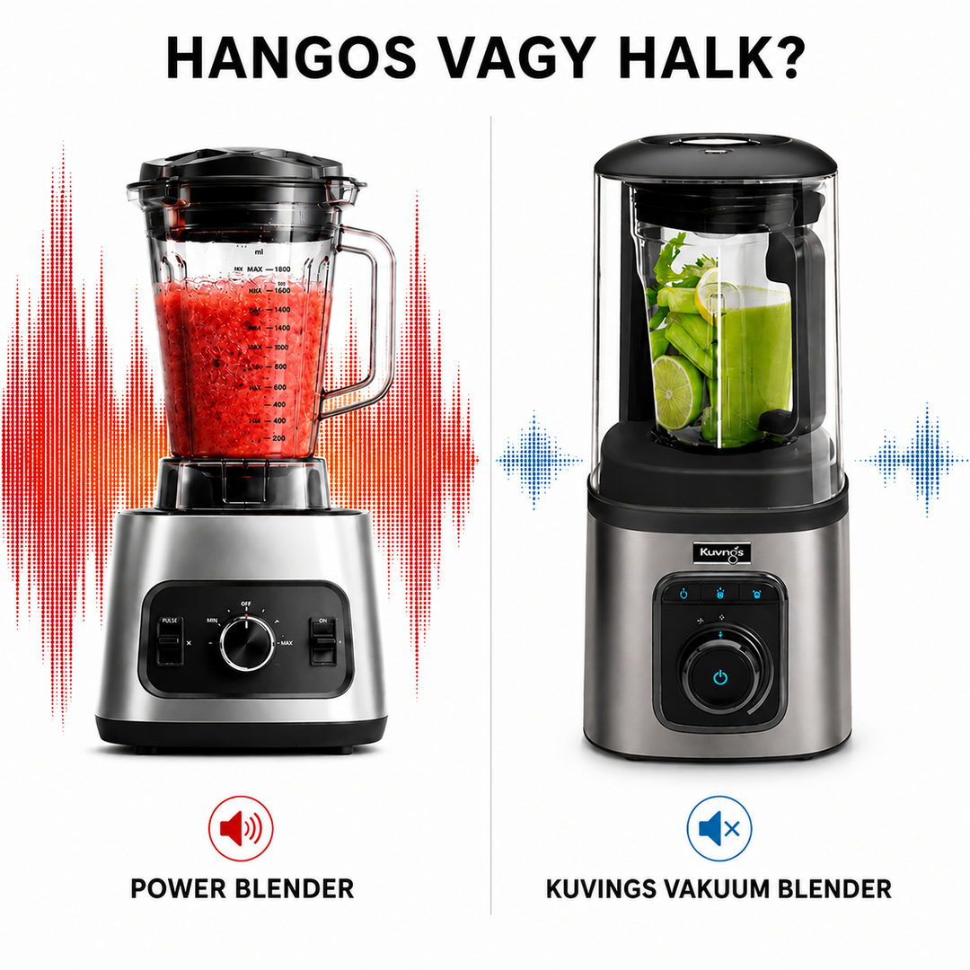 Kuvings vacuum blender noise comparison infographic showing a power blender versus a quieter vacuum blender.