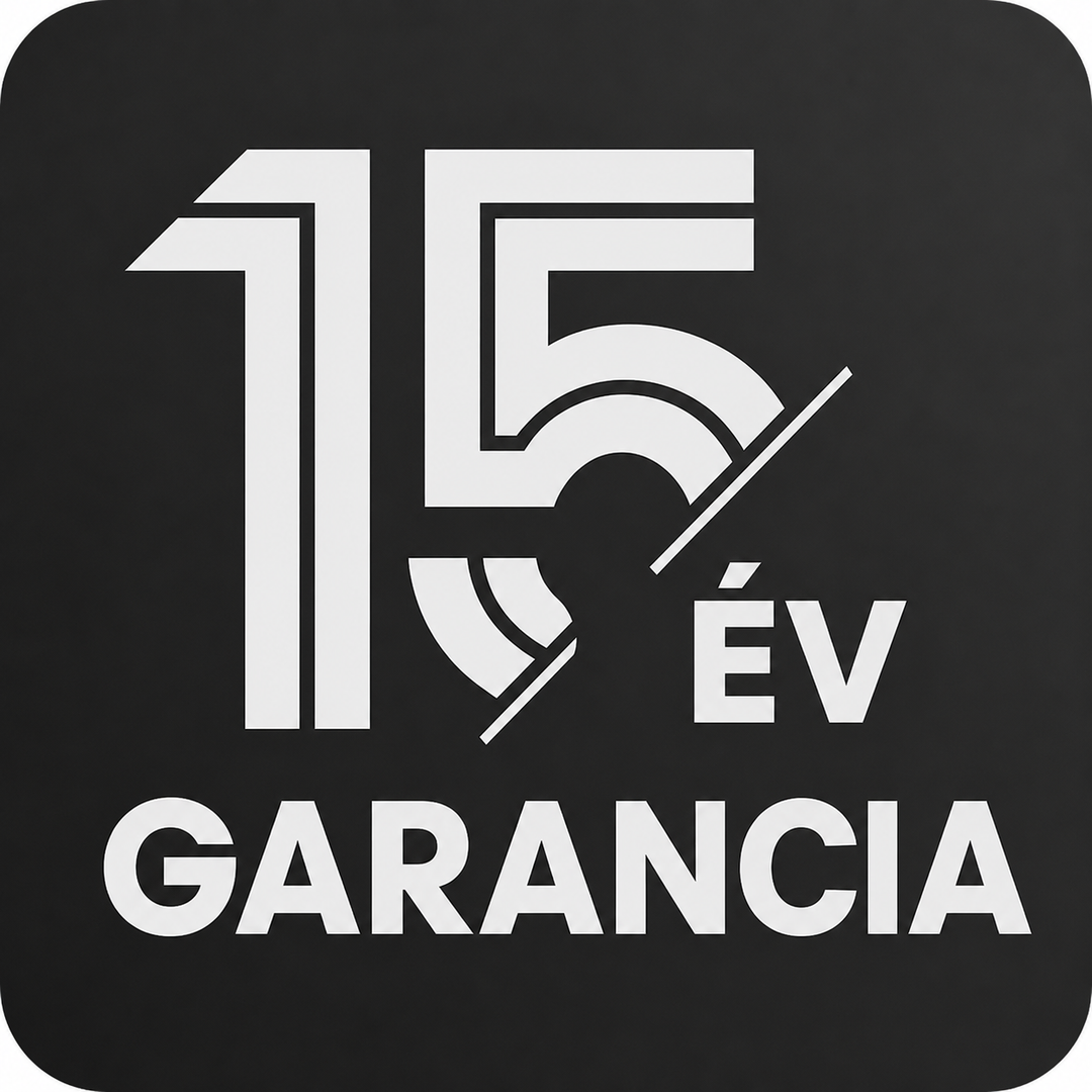 Maďarský odznak záruky produktu s velkým stylizovaným bílým grafickým prvkem "15" nad textem "15 ÉV GARANCIA" na čtvercovém černém pozadí se zaoblenými rohy.