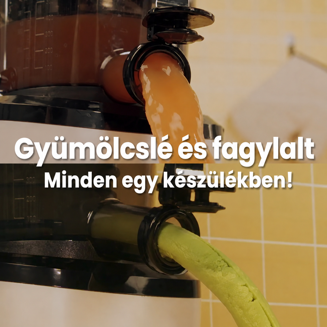 Maďarská produktová infografika pro odšťavňovač Kuvings rozdělená do dvou akčních záběrů. Horní panel zobrazuje čerstvou pomerančovou šťávu tekoucí z výpusti chytré zátky. Spodní panel zobrazuje hustou zelenou sorbetovou zmrzlinu vytlačovanou z výstupu, s bílým textem překrytým informací, že přístroj zvládne obojí.