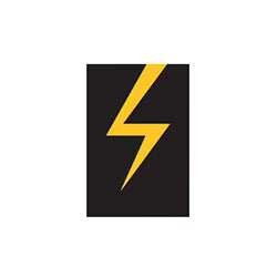 Straight-on view of a minimalist graphic badge featuring a vertical black rectangle containing a jagged yellow lightning bolt icon in the center, set against a white square background.