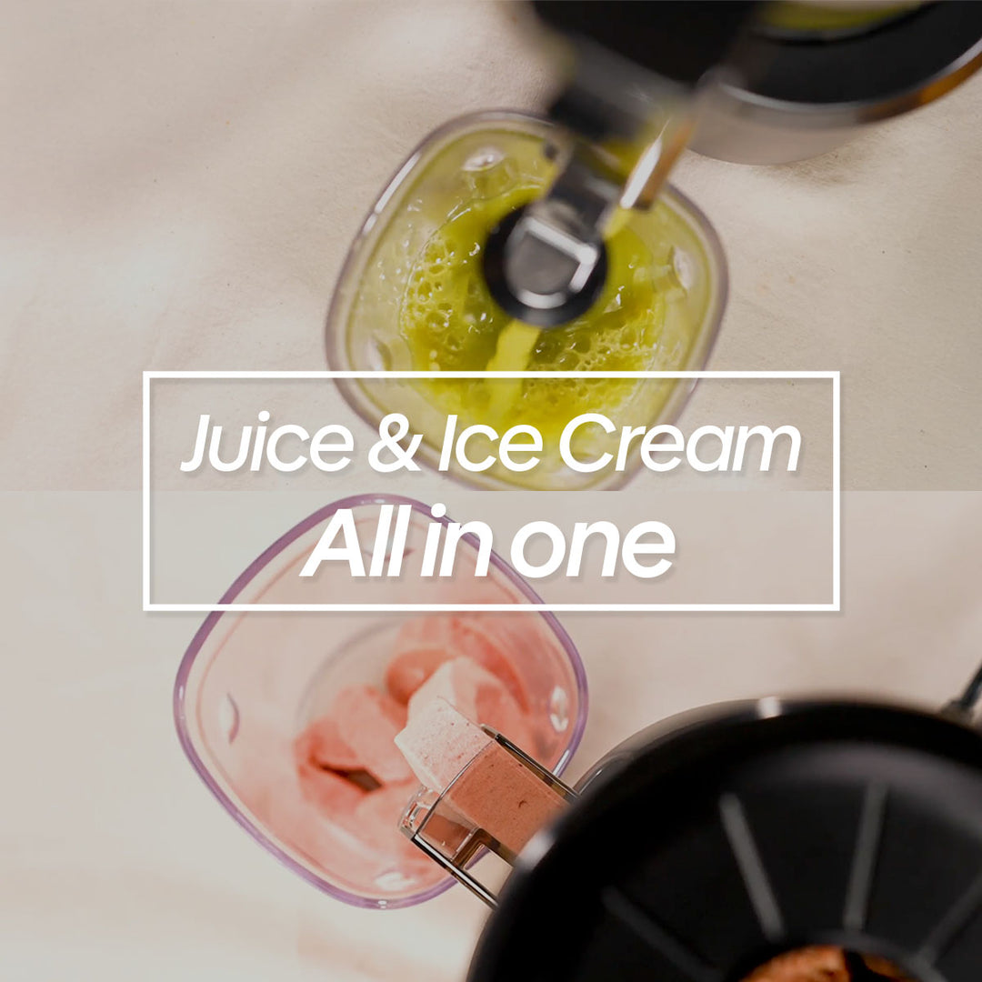 Kuvings auto6 Blender pouring green juice into a glass or pink ice cream, text overlay &