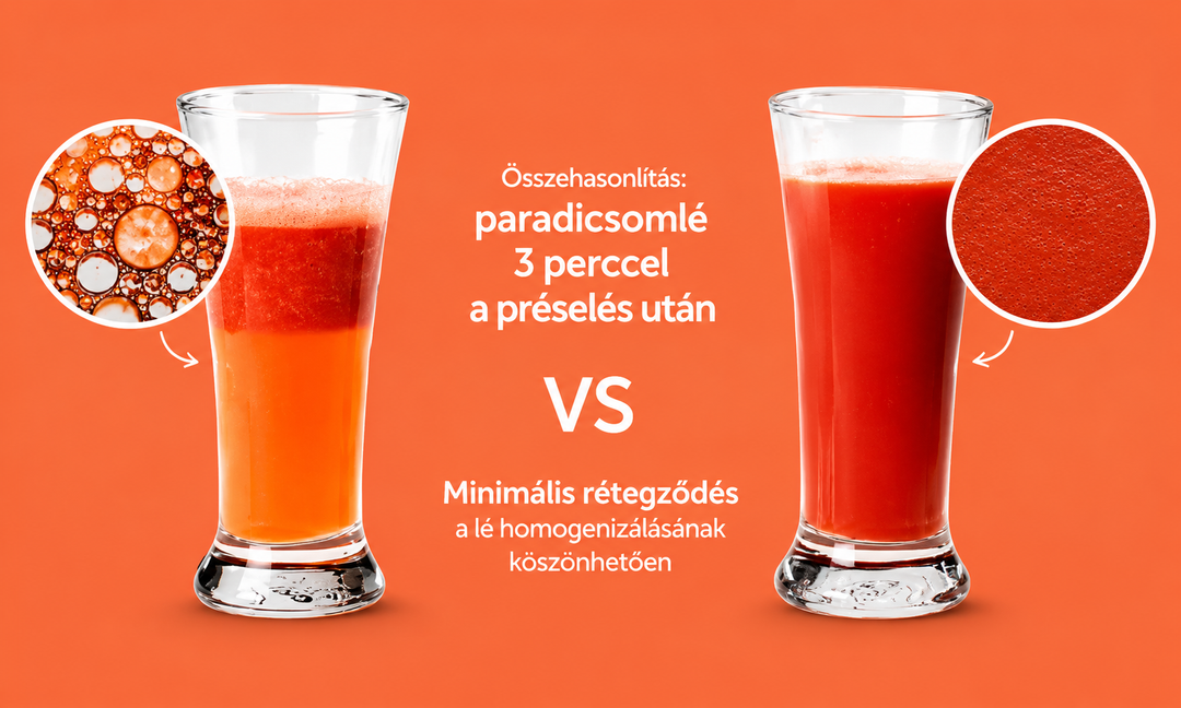 Promotivni grafički prikaz na narančastoj pozadini koji uspoređuje dvije visoke čaše soka. Lijeva čaša prikazuje sok od naranče s gornjim slojem crvene pulpe i kružnim umetkom koji prikazuje teksturu pulpe.
